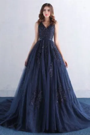 Dark Blue V Neck A Line Appliques Tulle Long Prom Dresses OK820