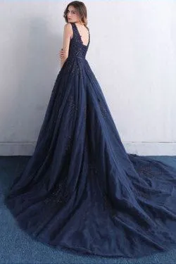 Dark Blue V Neck A Line Appliques Tulle Long Prom Dresses OK820