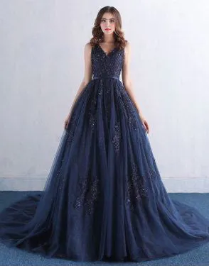 Dark Blue V Neck A Line Appliques Tulle Long Prom Dresses OK820