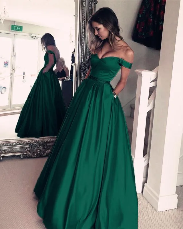 Dark Green Satin V-neck Prom Long Dresses Off Shoulder Evening Gowns Beaded Sashes