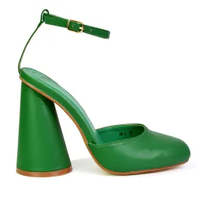 Ekin Ankle Strap Closed Toe Statement Cylinder Block Heel In Green