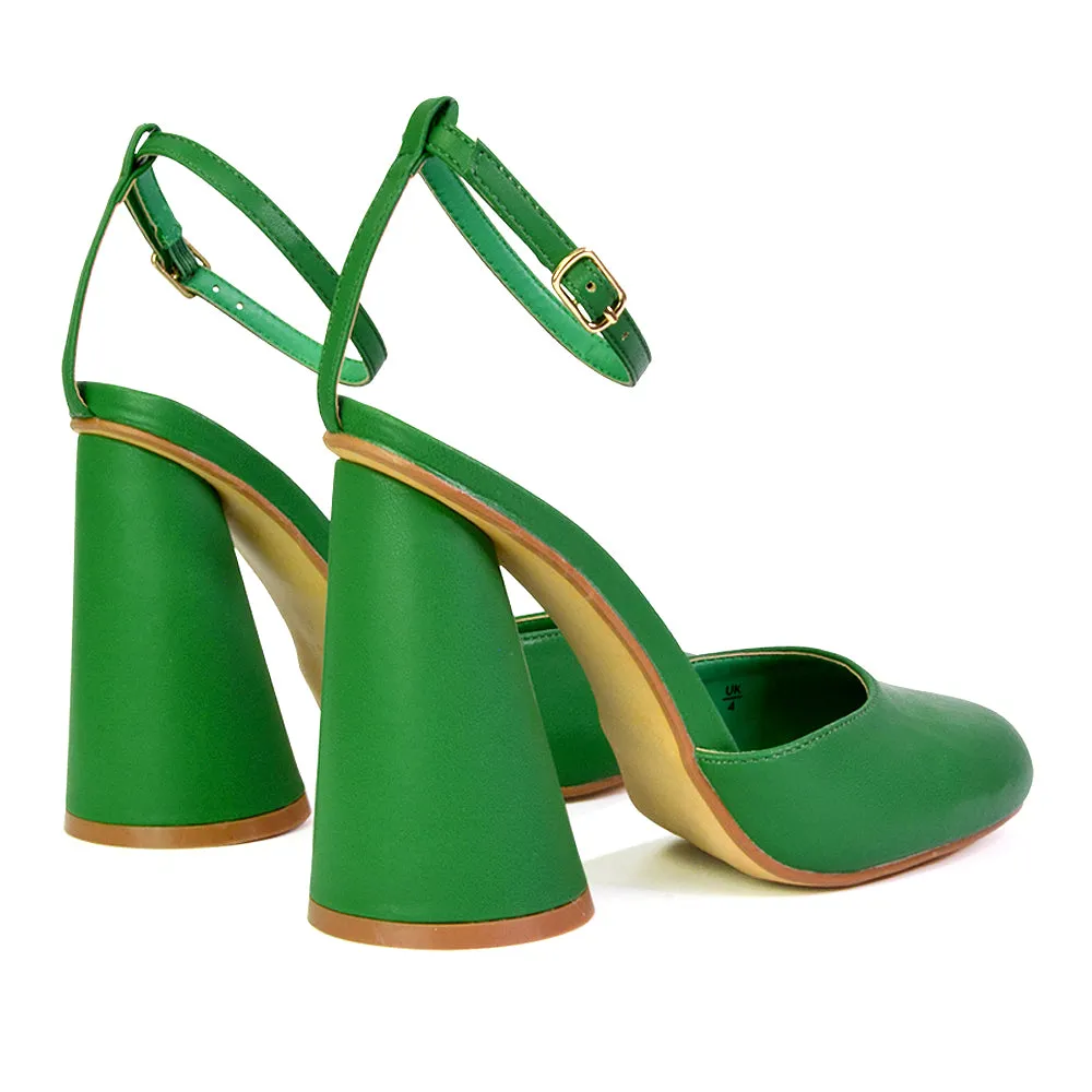 Ekin Ankle Strap Closed Toe Statement Cylinder Block Heel In Green