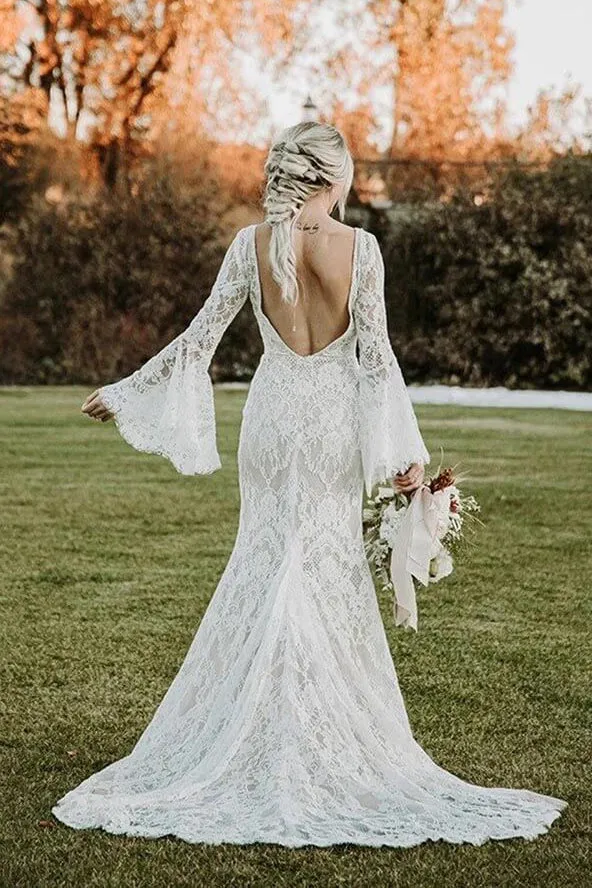 Elegant Mermaid V Neck Lace Long Sleeves Backless Wedding Dress With Train UQW0103