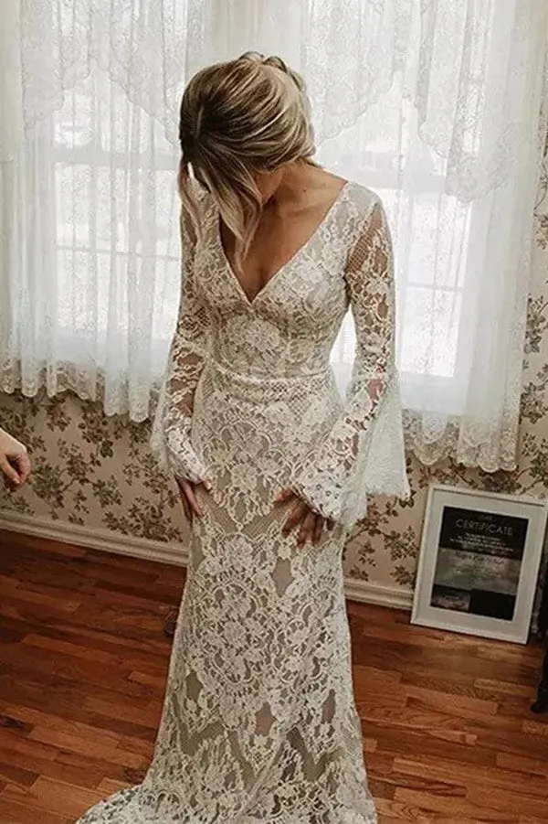 Elegant Mermaid V Neck Lace Long Sleeves Backless Wedding Dress With Train UQW0103