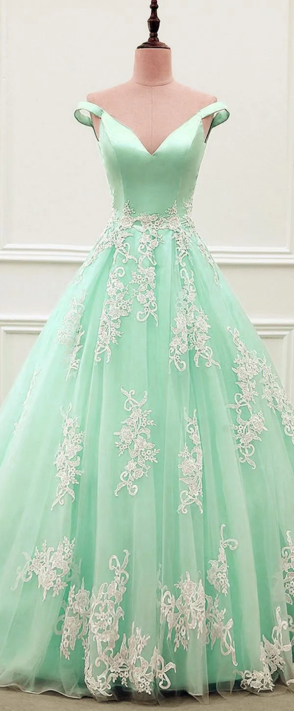 Elegant Tulle Ball Gowns Prom Dresses Lace Appliques Off Shoulder