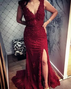 Elegant V Neck Lace Mermaid Prom Dresses With Slit