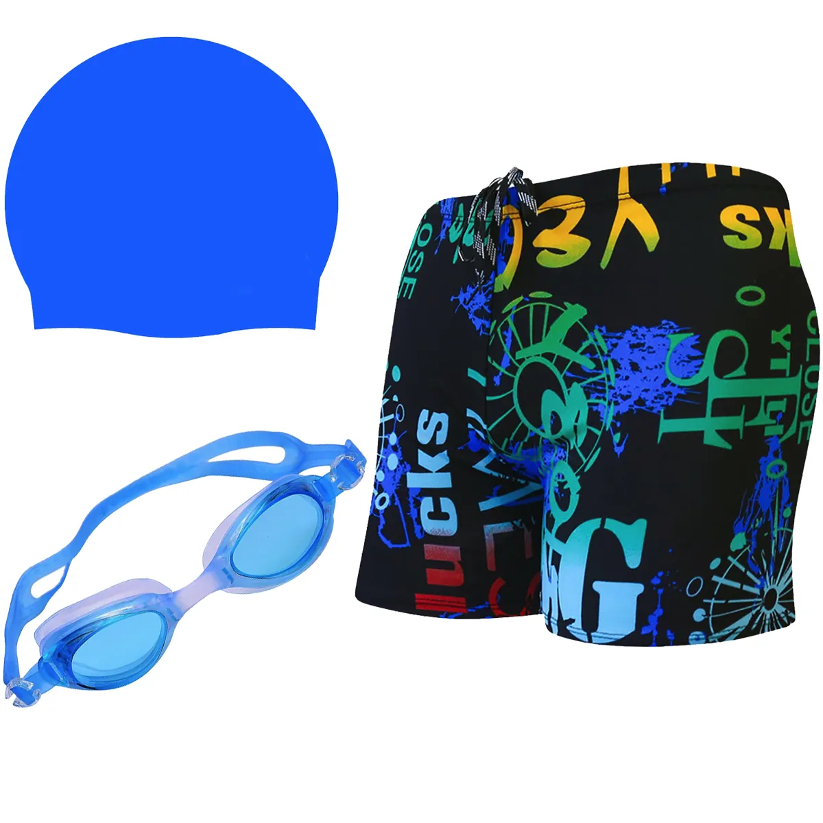 Fancydresswale Swimming Combo for boys - Set of swimming shorts, Silicon cap and Swimming Goggles