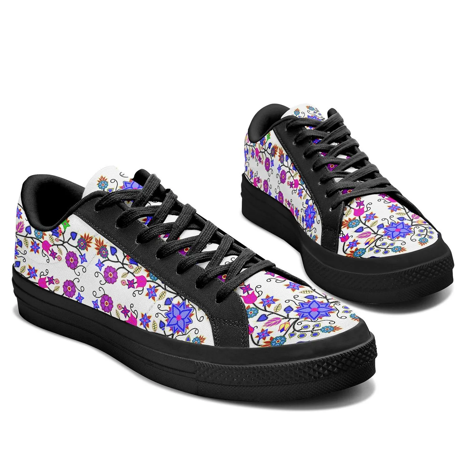 Floral Beadwork Seven Clans White Aapisi Low Top Canvas Shoes Black Sole