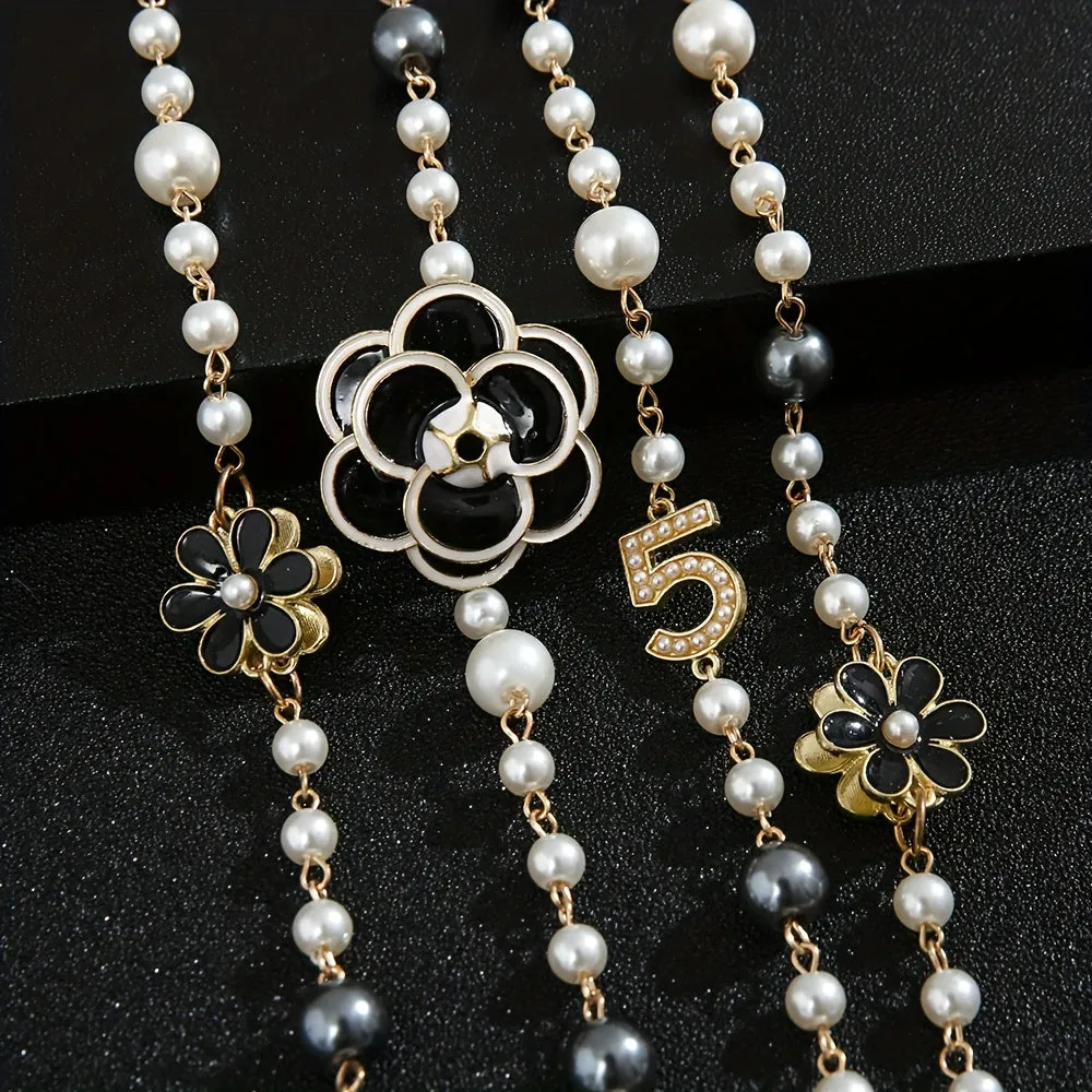 French Court Style Faux Pearl Necklace Korean Style Flower Beaded Sweater Chain Long Style With Number 5 Double Layer Pendant Necklace Jewelry