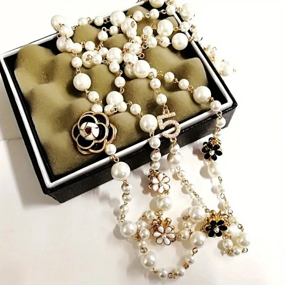 French Court Style Faux Pearl Necklace Korean Style Flower Beaded Sweater Chain Long Style With Number 5 Double Layer Pendant Necklace Jewelry