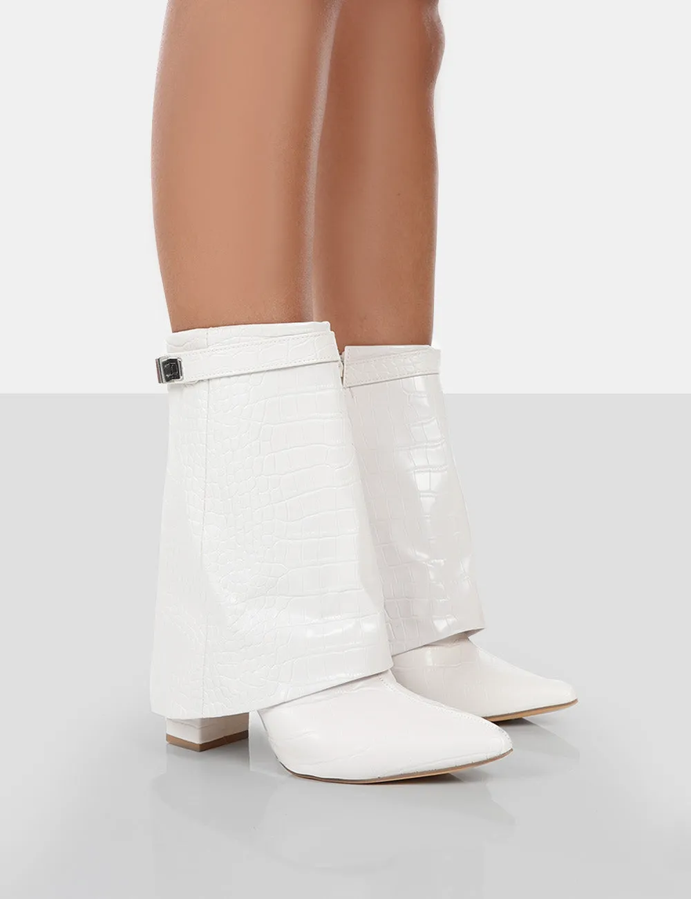 Fyre White Croc Pointed Toe Block Heeled Ankle Boots