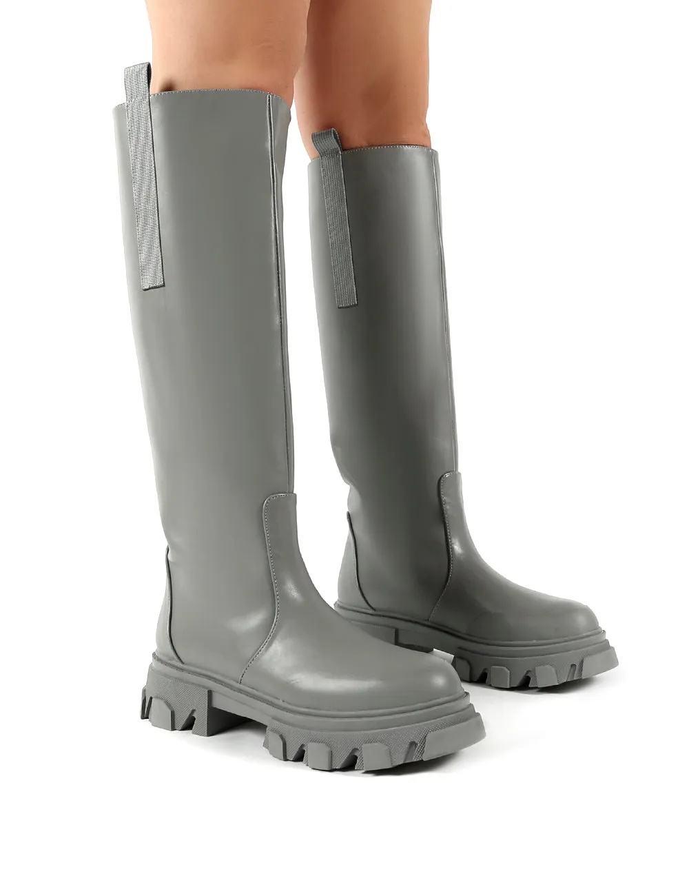 Genius Grey Knee High Chunky Sole Boots