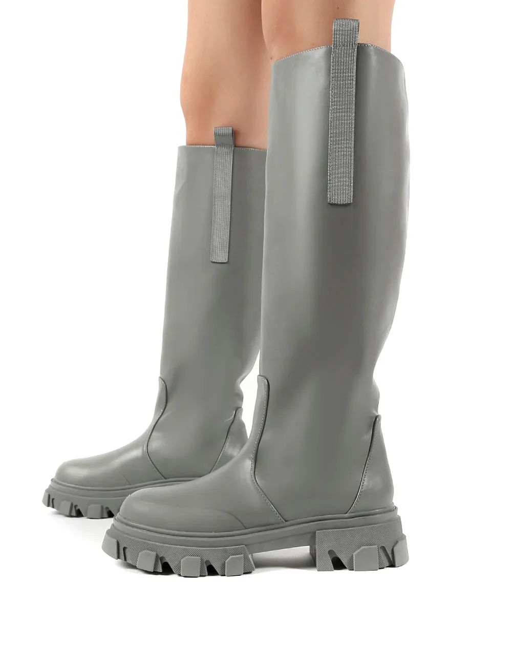 Genius Grey Knee High Chunky Sole Boots