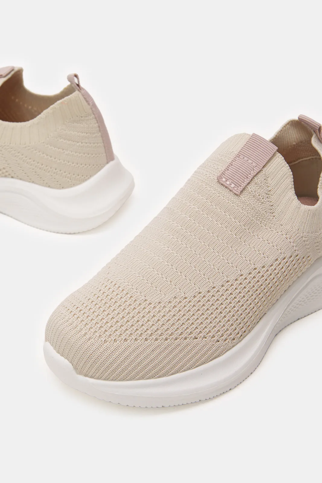 Girls Cream Fly knit Slip-On Sneakers