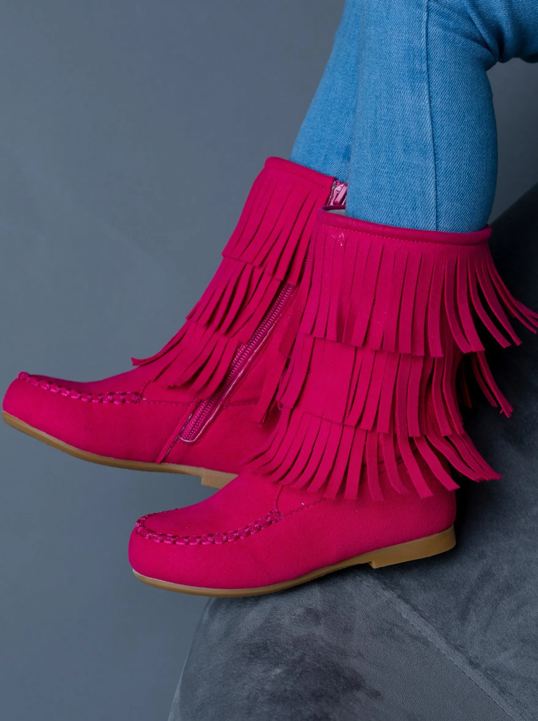 Girls Hot Pink Suede Tiered Fringe Boots By Liv and Mia