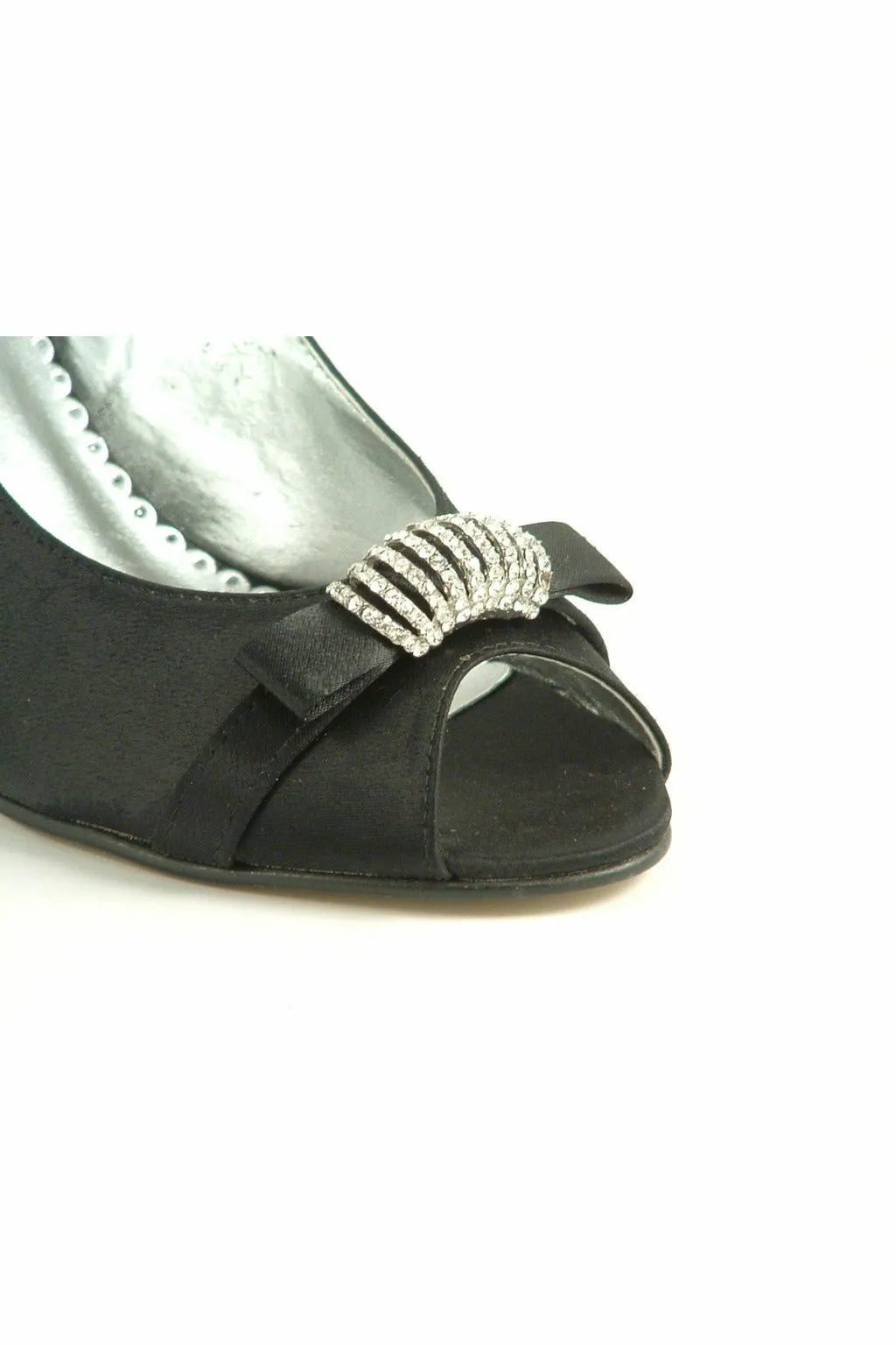 Glitz Shoes Diamante Black Satin Mid Heel Peep Toe Sling