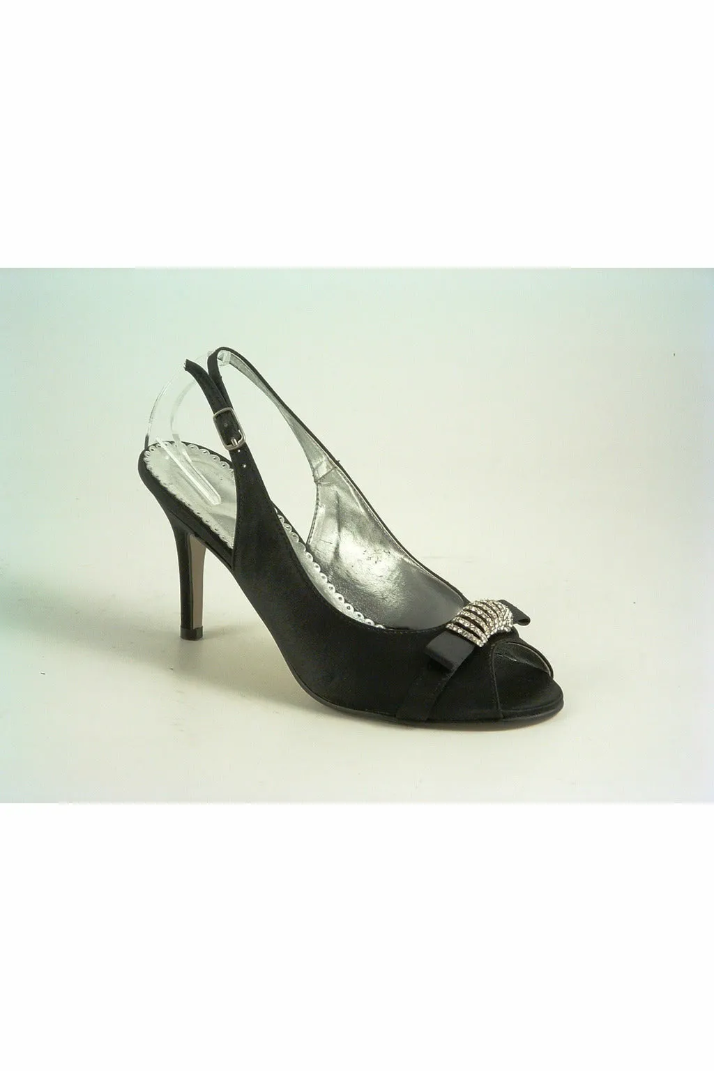 Glitz Shoes Diamante Black Satin Mid Heel Peep Toe Sling