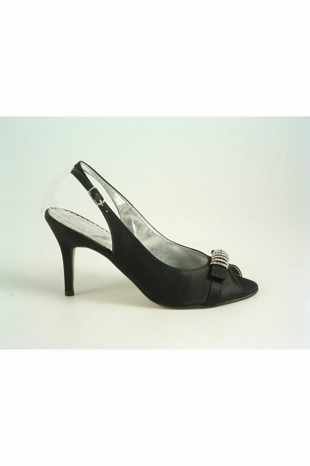 Glitz Shoes Diamante Black Satin Mid Heel Peep Toe Sling