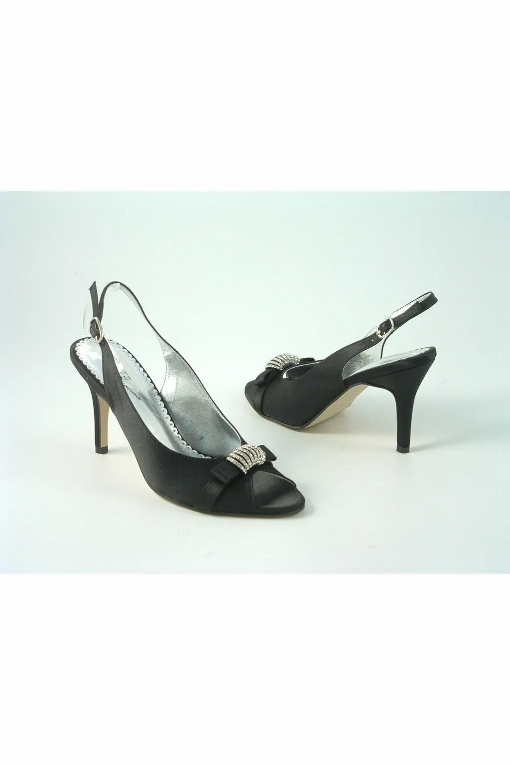 Glitz Shoes Diamante Black Satin Mid Heel Peep Toe Sling