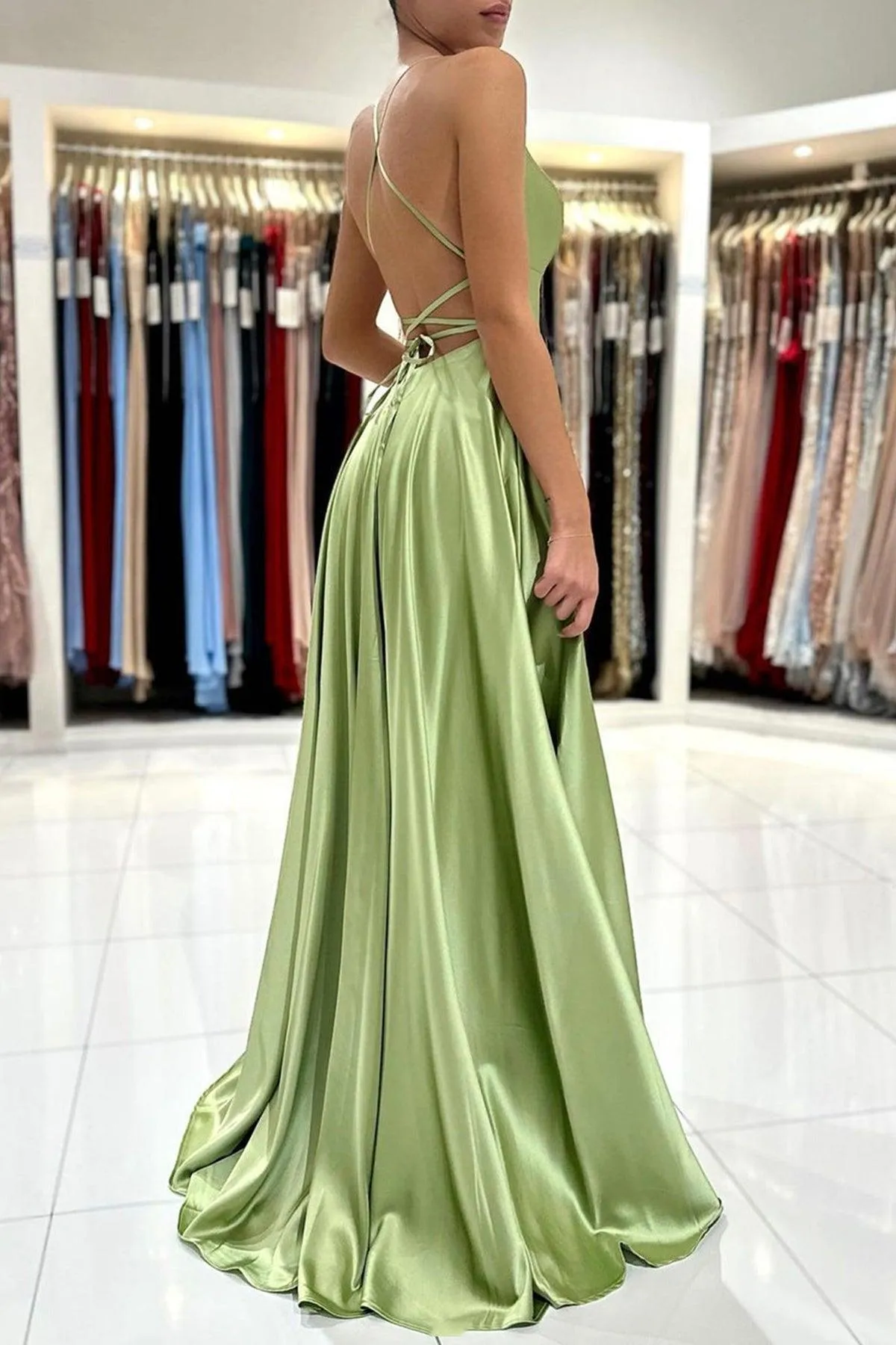 Green Satin Simple A Line Backless Long Prom Dresses with Leg Slit  PSK381