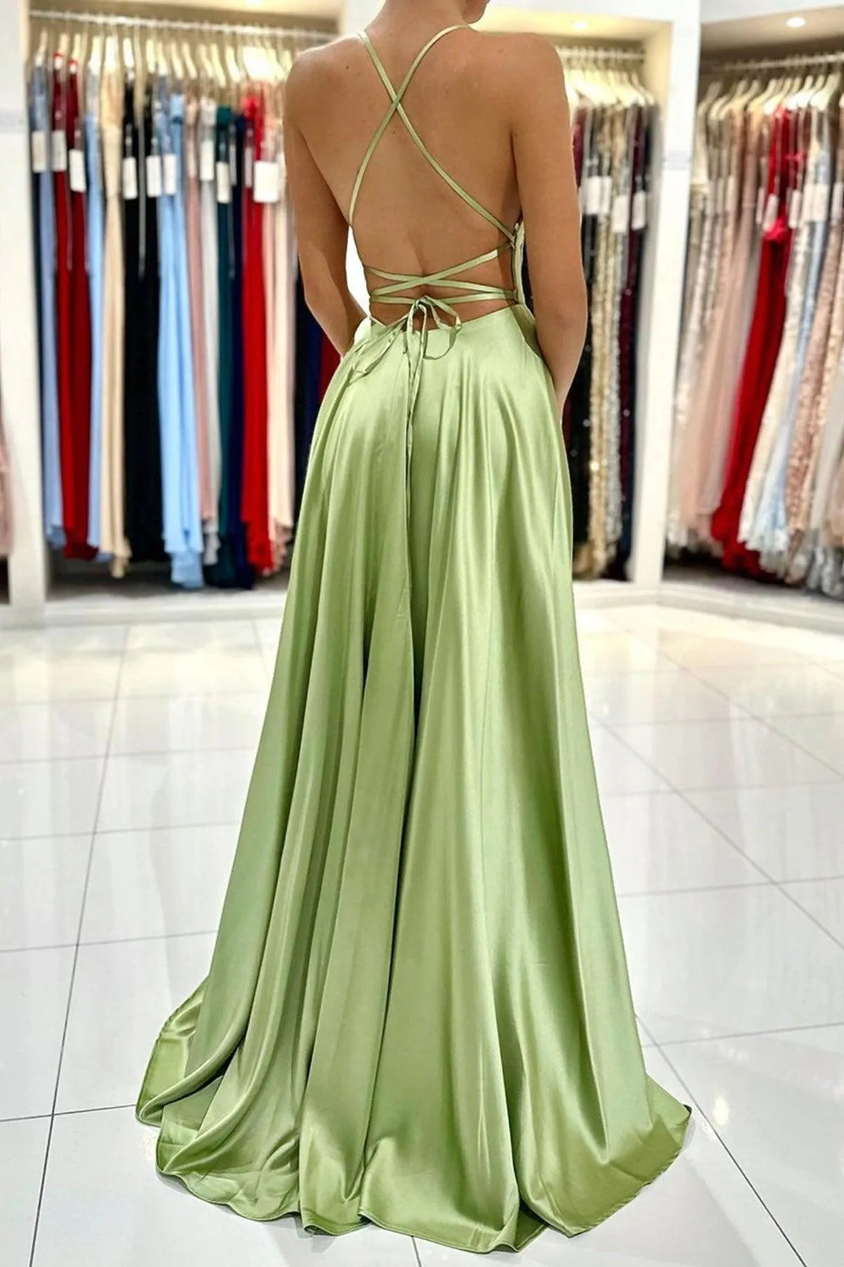 Green Satin Simple A Line Backless Long Prom Dresses with Leg Slit  PSK381