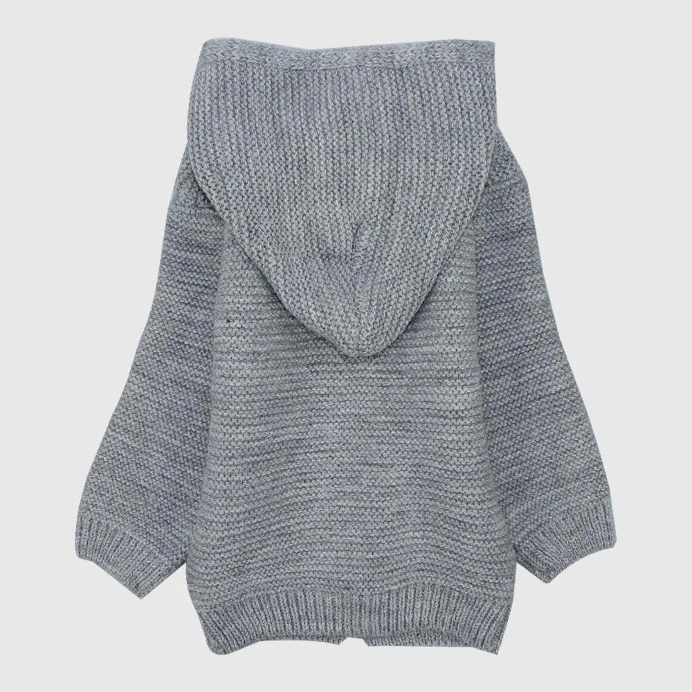 Grey Long-Sleeved Hooded Knit Jacket