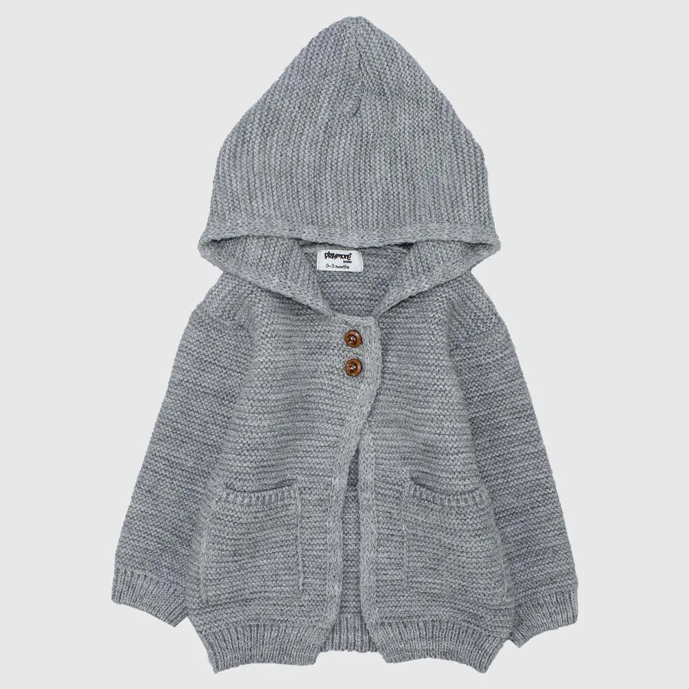 Grey Long-Sleeved Hooded Knit Jacket