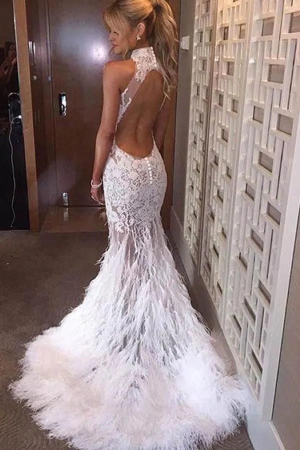 Halter Neck Feather Mermaid Appliques Prom Dress With Court Train PG358