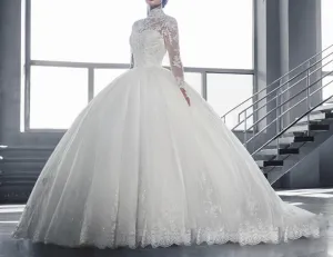 High Collar Sheer Long Sleeves Lace Ball Gown