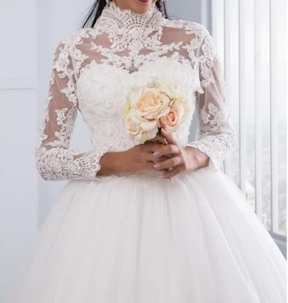 High Neck IIIusion Back Long Sleeve Wedding Dress Lace Ball Gown Wedding Gowns