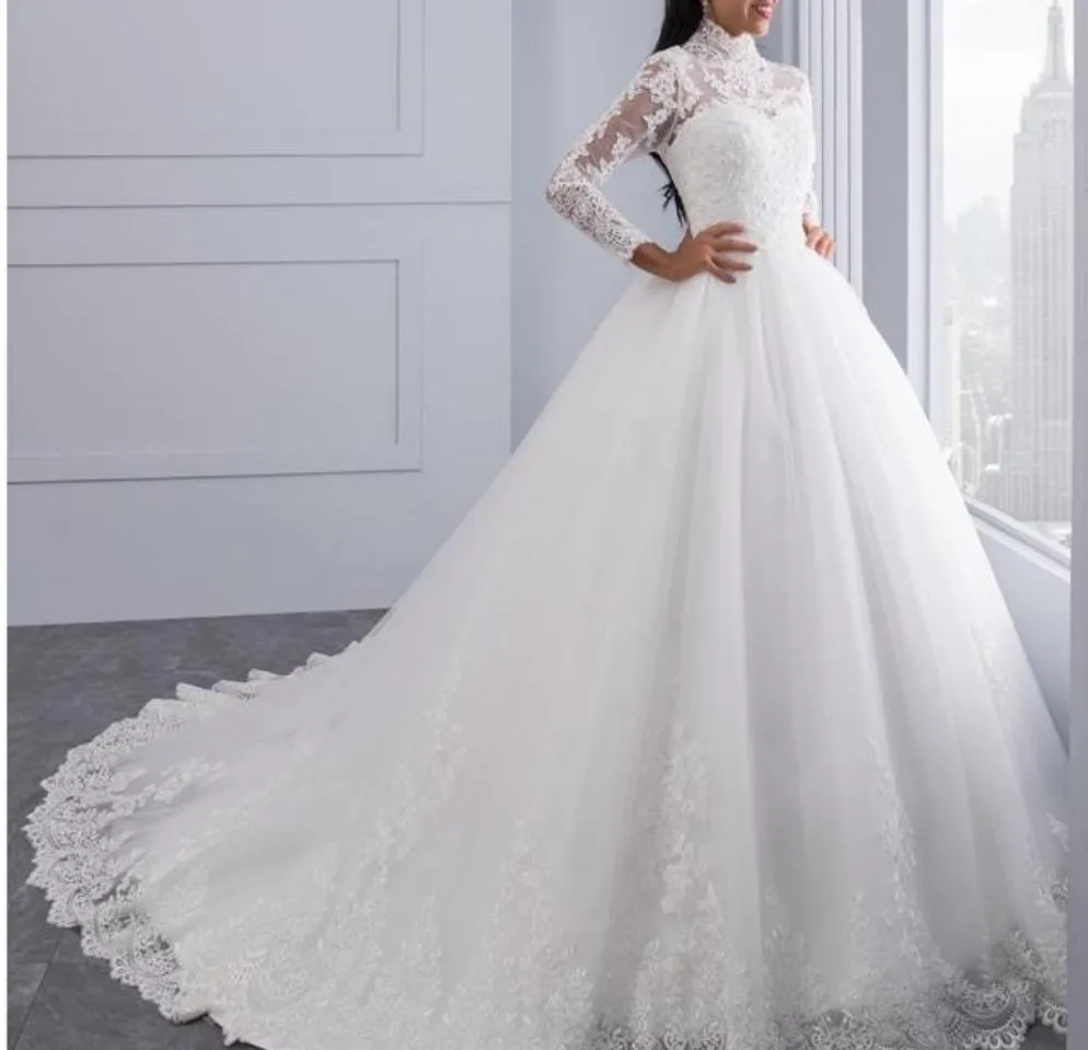 High Neck IIIusion Back Long Sleeve Wedding Dress Lace Ball Gown Wedding Gowns