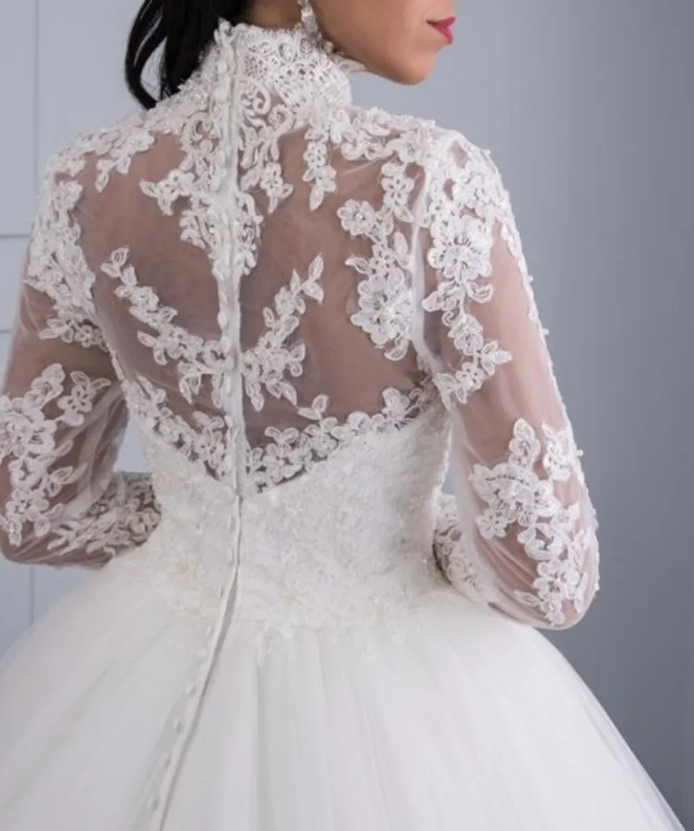 High Neck IIIusion Back Long Sleeve Wedding Dress Lace Ball Gown Wedding Gowns