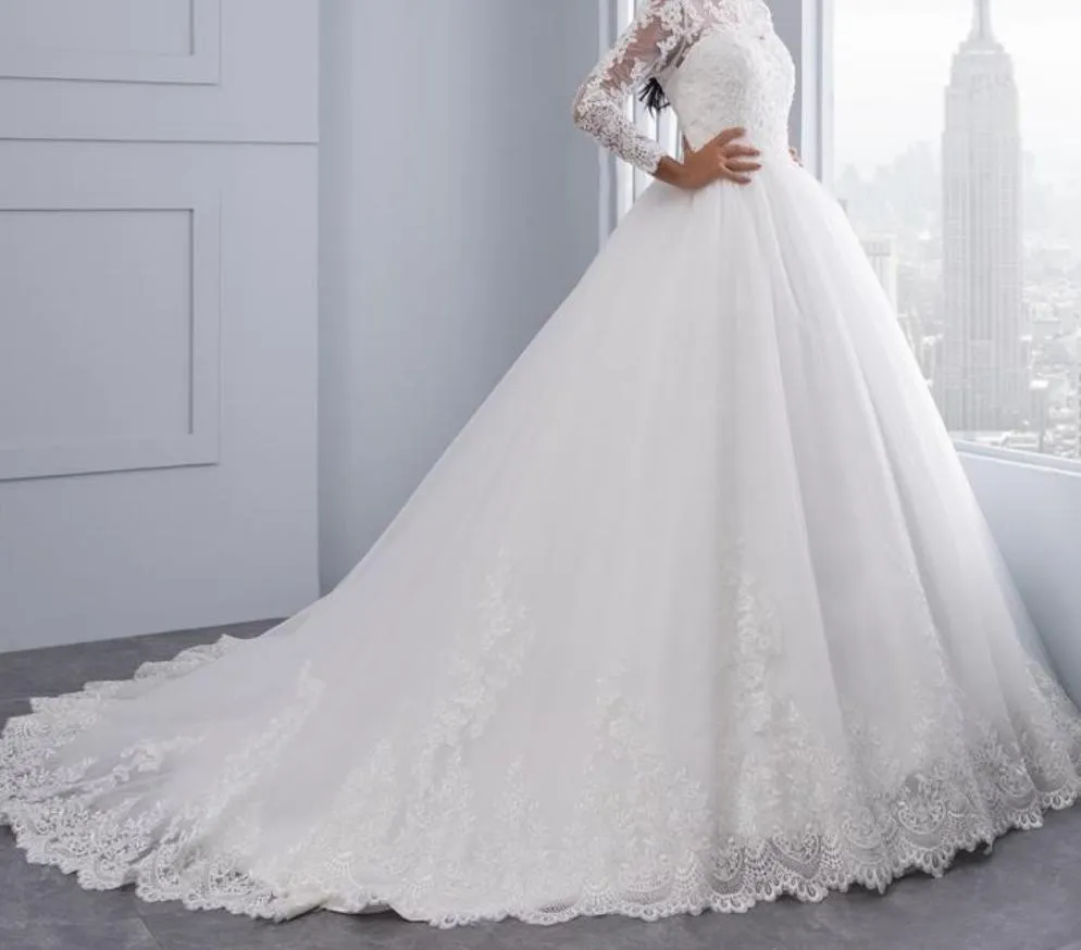 High Neck IIIusion Back Long Sleeve Wedding Dress Lace Ball Gown Wedding Gowns