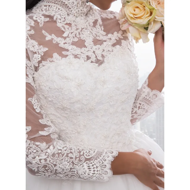 High Neck IIIusion Back Long Sleeve Wedding Dress Lace Ball Gown Wedding Gowns