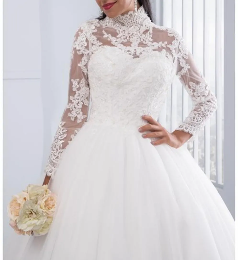 High Neck IIIusion Back Long Sleeve Wedding Dress Lace Ball Gown Wedding Gowns