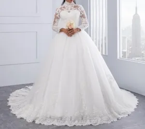 High Neck IIIusion Back Long Sleeve Wedding Dress Lace Ball Gown Wedding Gowns