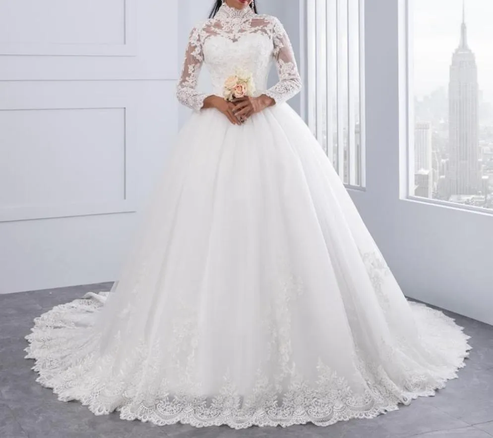 High Neck IIIusion Back Long Sleeve Wedding Dress Lace Ball Gown Wedding Gowns