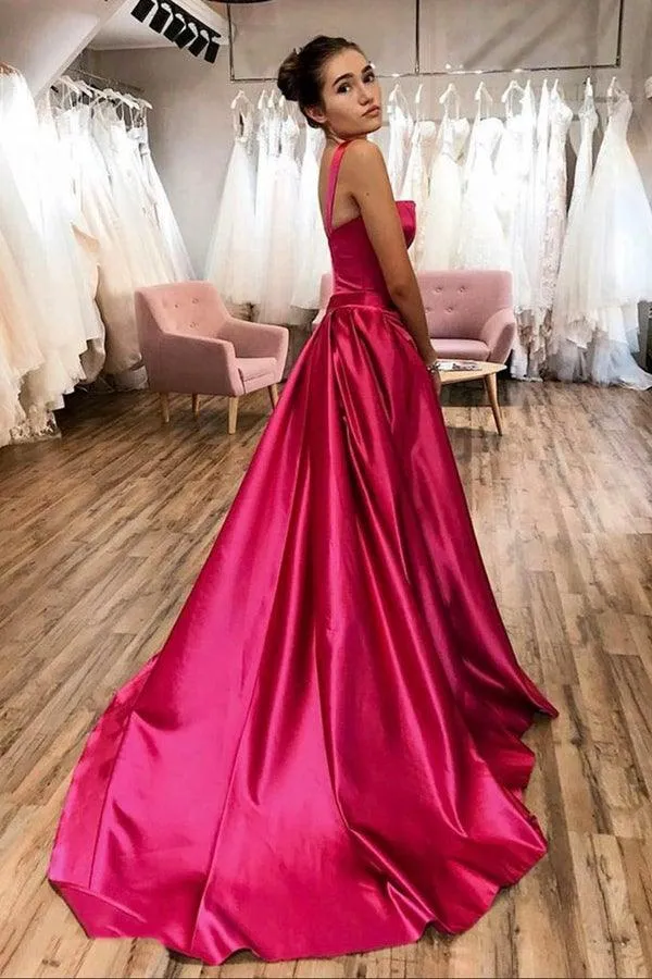 Hot Pink A-line Satin Long Prom Dress Court Train Evening Dress PSK275