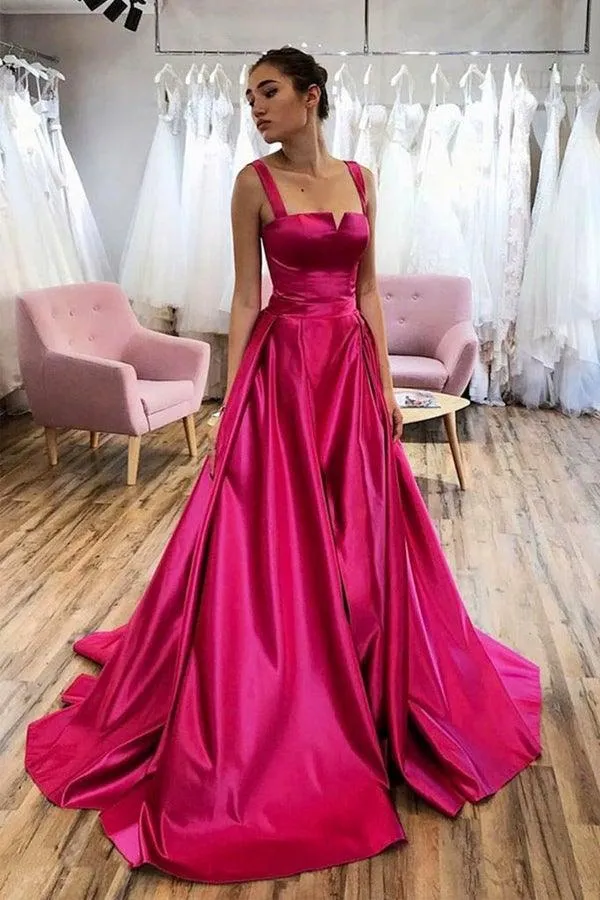 Hot Pink A-line Satin Long Prom Dress Court Train Evening Dress PSK275