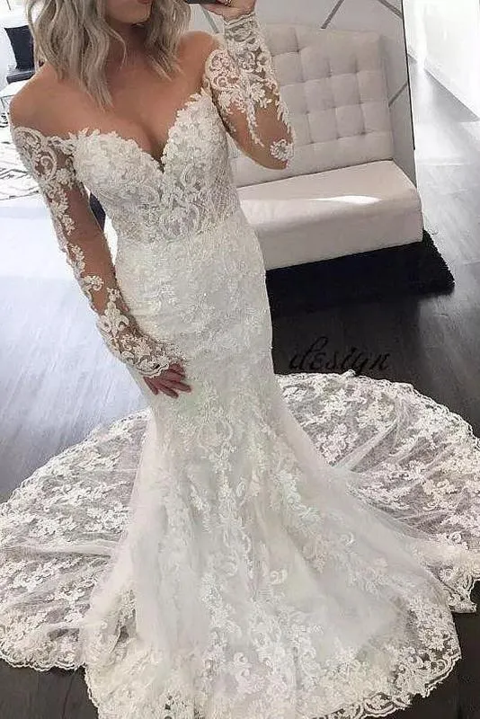 Illusion Long Sleeve Lace Mermaid Wedding Dresses, Gorgeous Long Bridal Dresses UQ1778