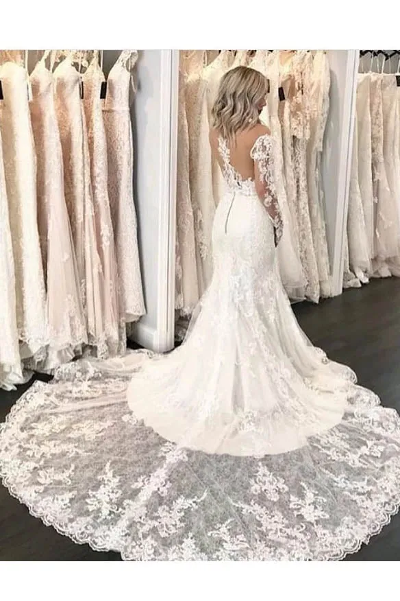 Illusion Long Sleeve Lace Mermaid Wedding Dresses, Gorgeous Long Bridal Dresses UQ1778