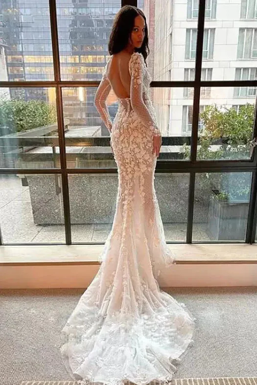 Illusion Mermaid Long Sleeves Square Neck Tulle Appliques Wedding Dress Bridal Gown UQW0096