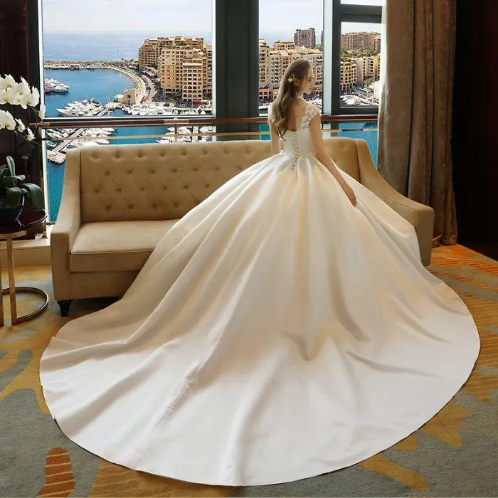 Ivory High Neck Ball Gown Lace Applique Cheap Wedding Dress OK801