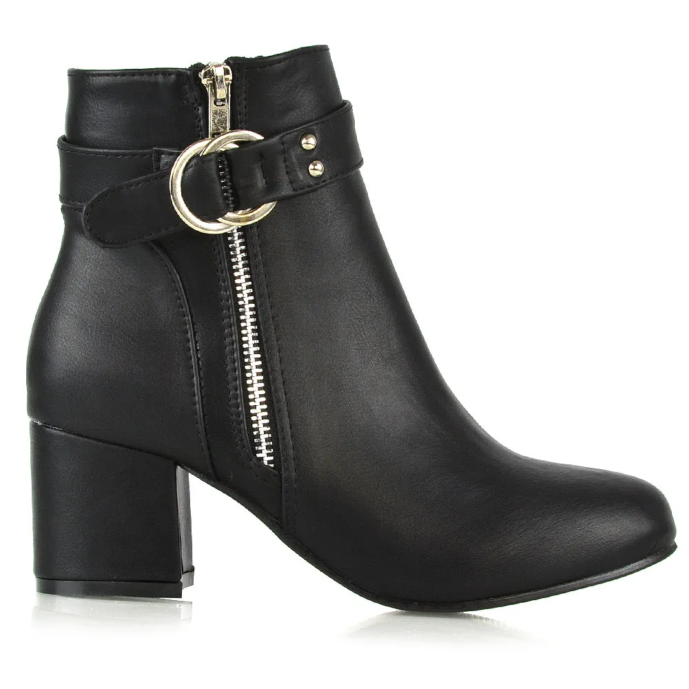 Lakesha Strap Detail Outer Zip Low Block Heeled Ankle Boots in Black Synthetic Leather