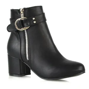 Lakesha Strap Detail Outer Zip Low Block Heeled Ankle Boots in Black Synthetic Leather