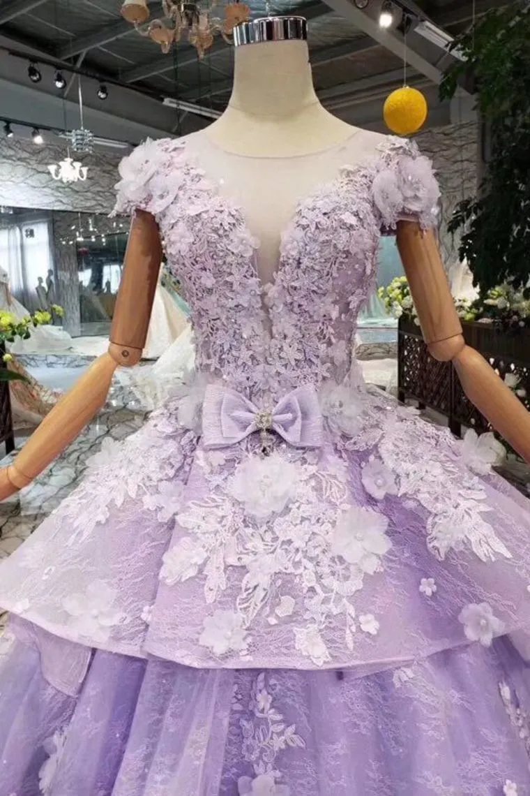 Lilac Ball Gown Short Sleeve Prom Dresses with Long Train, Gorgeous Quinceanera Dress UQ1717