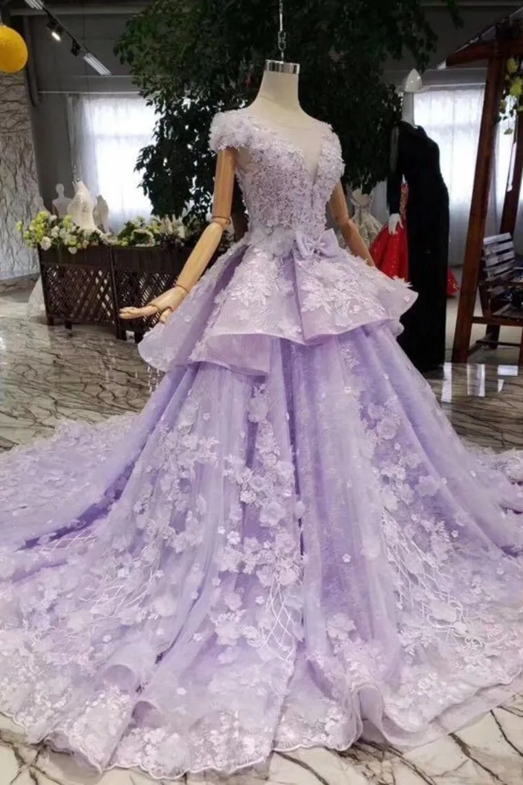 Lilac Ball Gown Short Sleeve Prom Dresses with Long Train, Gorgeous Quinceanera Dress UQ1717