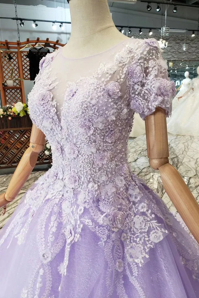 Lilac Ball Gown Short Sleeves Prom Dress with Lace, Quinceanera Dress OKL41