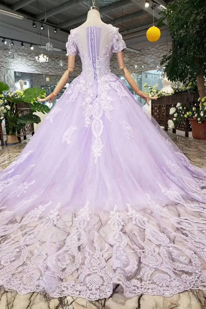 Lilac Ball Gown Short Sleeves Prom Dress with Lace, Quinceanera Dress OKL41