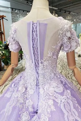 Lilac Ball Gown Short Sleeves Prom Dress with Lace, Quinceanera Dress OKL41